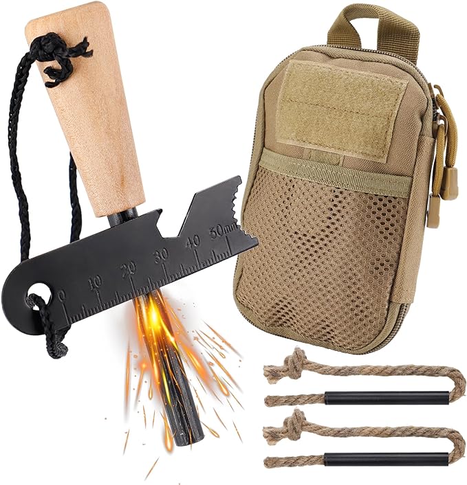Fire Starter Survival Tool, Fire Starter Kit includes Magnesium Rod, Steel Striker, 2 Pcs Wick Hemp Rope and Multifunctional Outdoor Bag